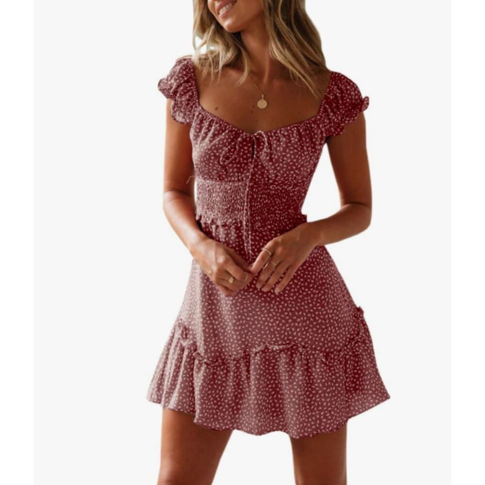 YOBECHO Red Floral Mini Dress Ruffle Sleeve Sweetheart Neck Size M